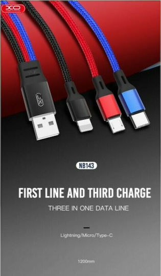 XO Braided USB to Lightning / Type-C / micro USB Cable Πολύχρωμο 1.2m (NB143)