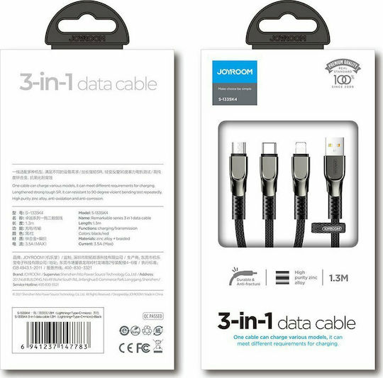Joyroom S-1335K4 Geflochten USB zu Blitzschlag / Typ-C,TC-TC / Micro-USB Kabel 3.5A Schwarz 1.3m