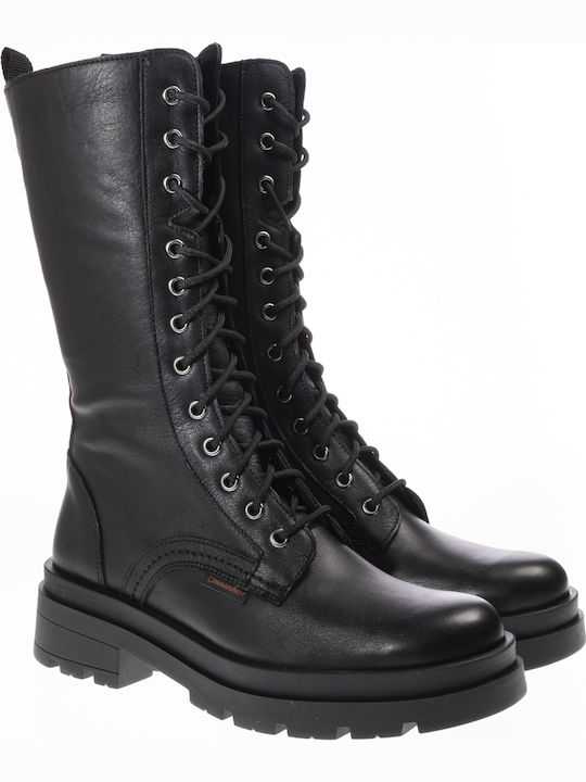Leather Medium Heel Women's Boots with Laces Black
