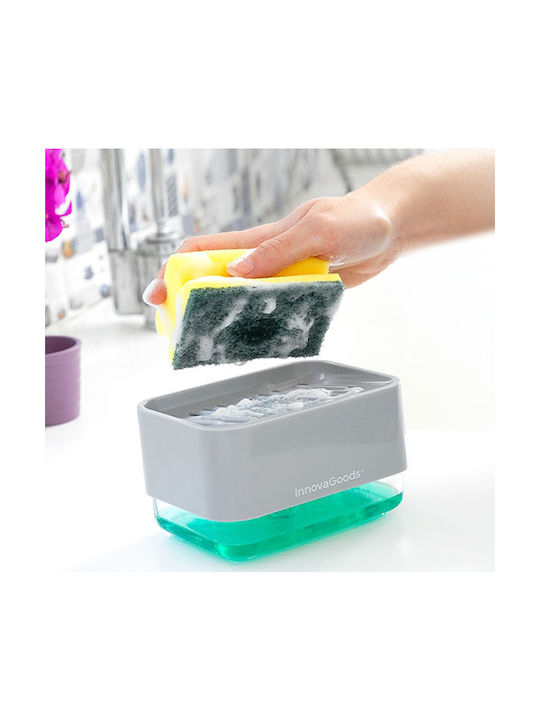 InnovaGoods Pushoap Dispenser Kitchen Plastic with Sponge Holder Gray 330ml