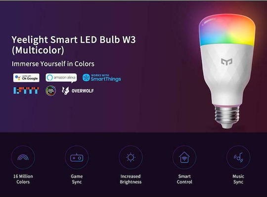Yeelight Bec Smart W3 Color LED 8W pentru Dulie E27 RGB 900lm Reglabil în intensitate