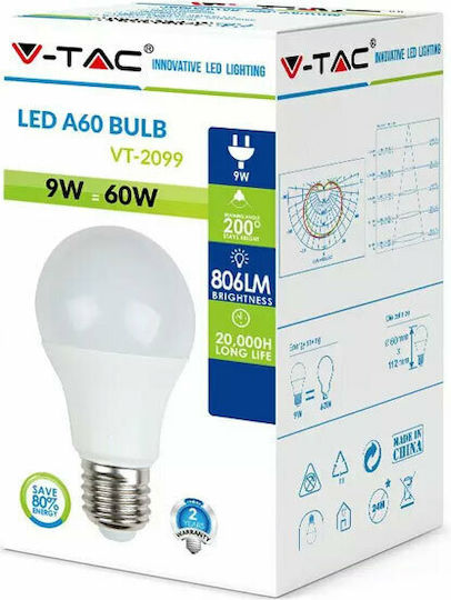 V-TAC VT-2099 Λάμπα LED 9W 112mm για Ντουί E27 και Σχήμα A60 Ψυχρό Λευκό 806lm