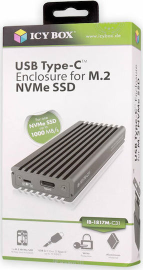 Icy Box Θήκη για Σκληρό Δίσκο M.2 PCI Express NVME με σύνδεση USB 3.1 Type-C σε Γκρι χρώμα