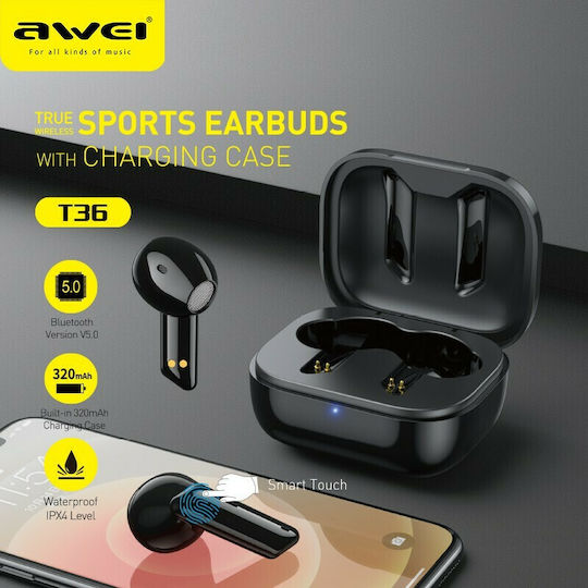 Awei T36 Ohrstöpsel Bluetooth-Freisprecheinrichtung Kopfhörer mit Schweißresistenz und Ladeetui Schwarz
