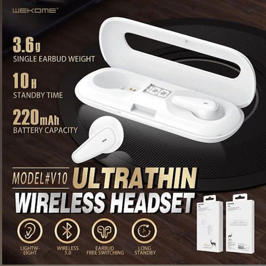 WK V10 In-ear Bluetooth Handsfree Ακουστικά με Θήκη Φόρτισης Λευκά