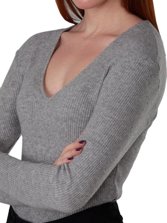 Winter Women's Blouse Long Sleeve with V Neckline Gray