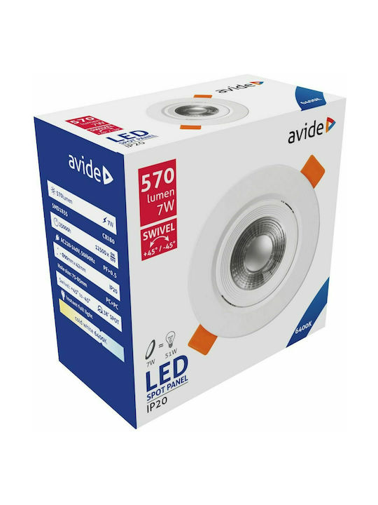 Avide ALDLS38CW-R-7W Round Plastic Recessed Spot with Integrated LED and Cool White Light White 9x9cm. 1pcs