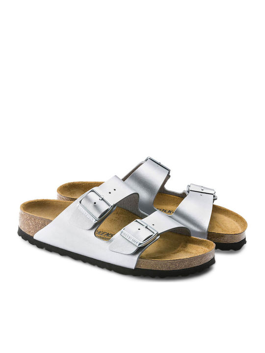 Arizona Birko Flor Women's Flat Sandals Anatomic in Silver Color Narrow Fit