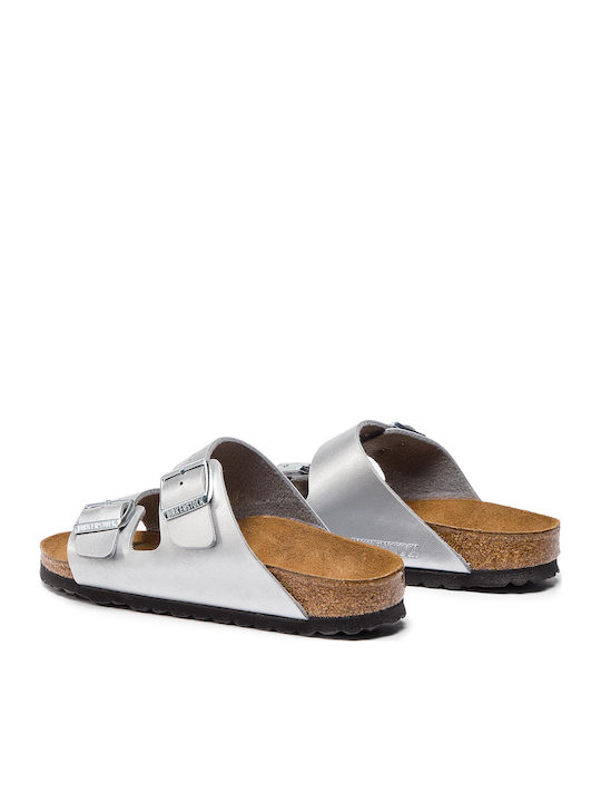 Arizona Birko Flor Women's Flat Sandals Anatomic in Silver Color Narrow Fit