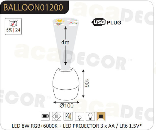 Aca Led Παιδικό Φωτιστικό Projector με Προβολή Σχεδίων με Εναλλαγές Χρωματισμών Λευκό 16x10cm