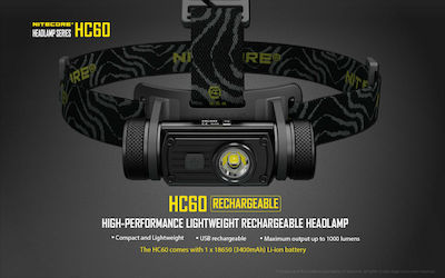 NiteCore Rechargeable Headlamp LED Waterproof IPX7 with Maximum Brightness 1000lm HC60 2 x CR123