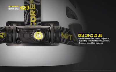 NiteCore Rechargeable Headlamp LED Waterproof IPX7 with Maximum Brightness 1000lm HC60 2 x CR123