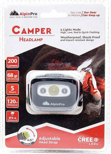 AlpinPro Lanternă Frontală LED IPX4 cu Luminozitate Maximă 200lm Negru