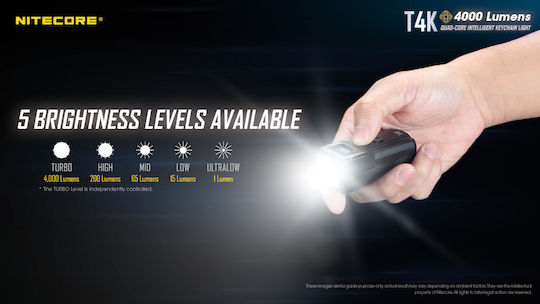 NiteCore Επαναφορτιζόμενος Φακός LED IP54 με Μέγιστη Φωτεινότητα 4000lm T4K Ενσωματωμένη
