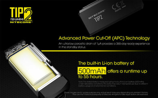 NiteCore Rechargeable Flashlight LED IP67 with Maximum Brightness 720lm TIP2 Embedded Black
