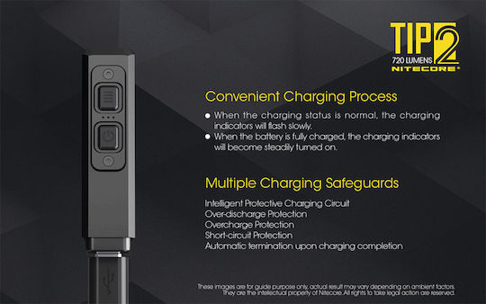 NiteCore Rechargeable Flashlight LED IP67 with Maximum Brightness 720lm TIP2 Embedded Black