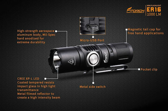 Fitorch Επαναφορτιζόμενος Φακός LED IPX8 με Μέγιστη Φωτεινότητα 1000lm ER16