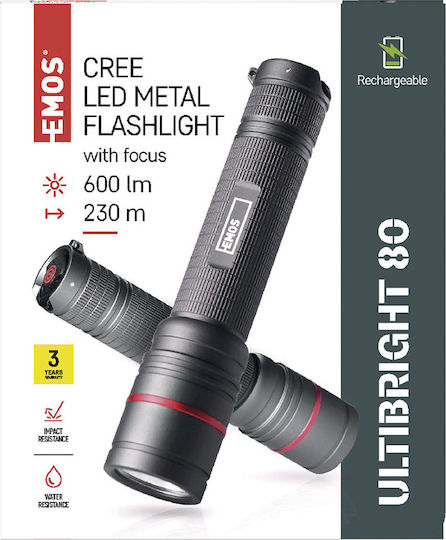 Emos Επαναφορτιζόμενος Φακός LED IP65 με Μέγιστη Φωτεινότητα 600lm