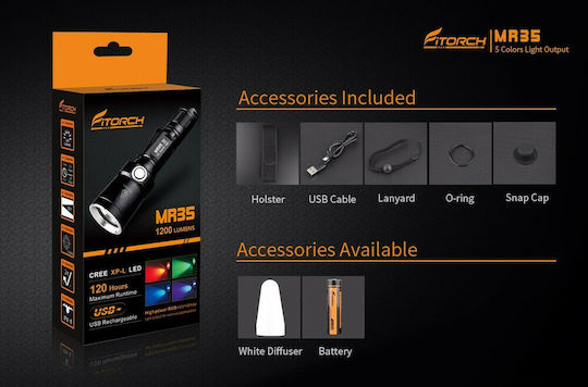 Fitorch Rechargeable Flashlight LED UV IPX8 with Maximum Brightness 1200lm MR35 2xCR123A Black