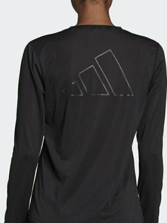 Adidas Run Icons Damen Sportlich Samt Bluse Langärmelig Schwarz