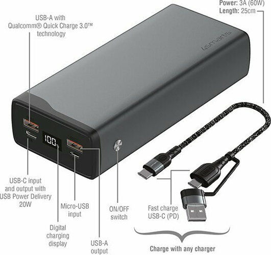 4Smarts Volthub Pro Power Bank 26800mAh 22.5W with 2 USB-A Ports and USB-C Port Power Delivery / Quick Charge 3.0 Black