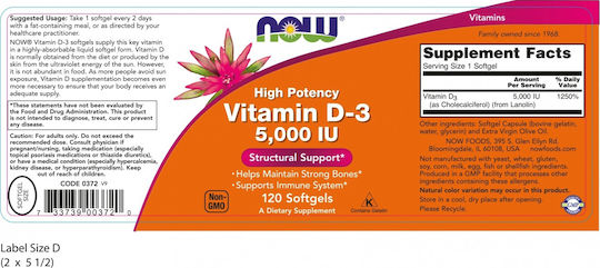 Now Foods Vitamin D-3 Vitamin for Immune System Boost & Bone Health 5000iu 120 softgels