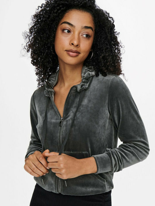 Long Women's Sweatshirt Jacket Velvet Hooded Gray