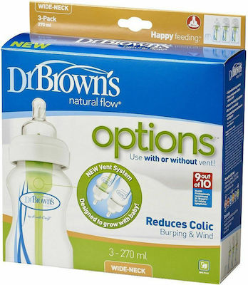 Dr. Brown's Plastic Bottle Set Options+ Wide Neck Anti-Colic with Silicone Nipple for 0+, 0+ m, months 270ml 3pcs