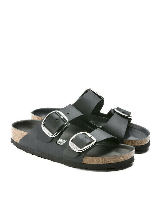 Arizona Big Buckle Oiled Leather Leather Women's Flat Sandals Anatomic in Black Color Narrow Fit