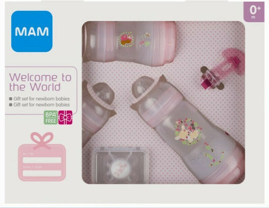Mam Подредба Пластмасови Бебешки Бутилки Welcome To The World Gift Set Против Колики с Силиконов Биберон за 0+ Месеца Розови Котенца 260мл 5 Бройки