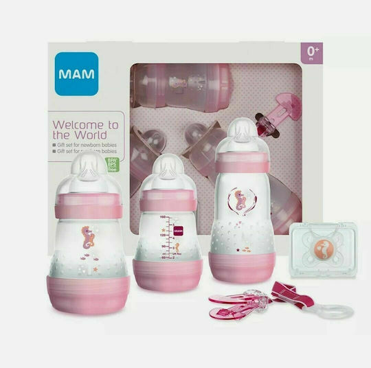 Mam Подредба Пластмасови Бебешки Бутилки Welcome To The World Gift Set Против Колики с Силиконов Биберон за 0+ Месеца Розови Котенца 260мл 5 Бройки