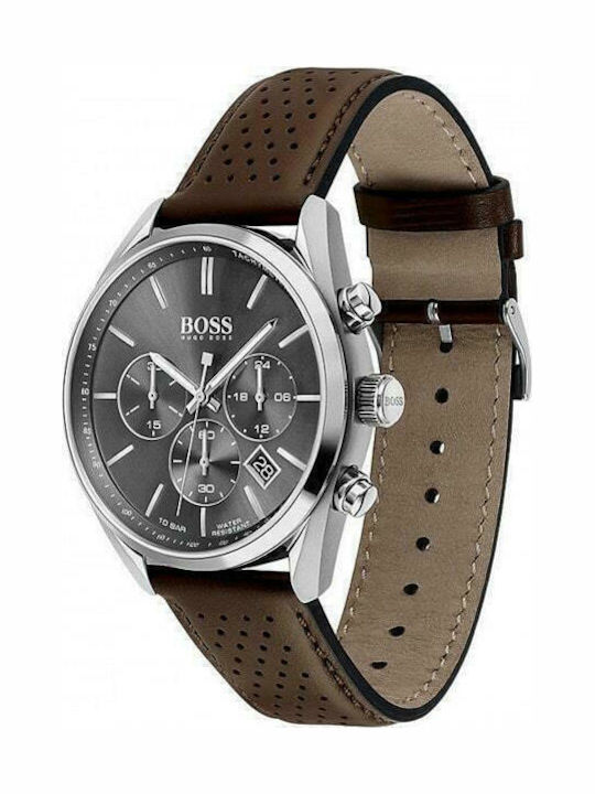 Boss Champion Men's Watch 44mm Chronograph Battery with Brown Leather Strap
