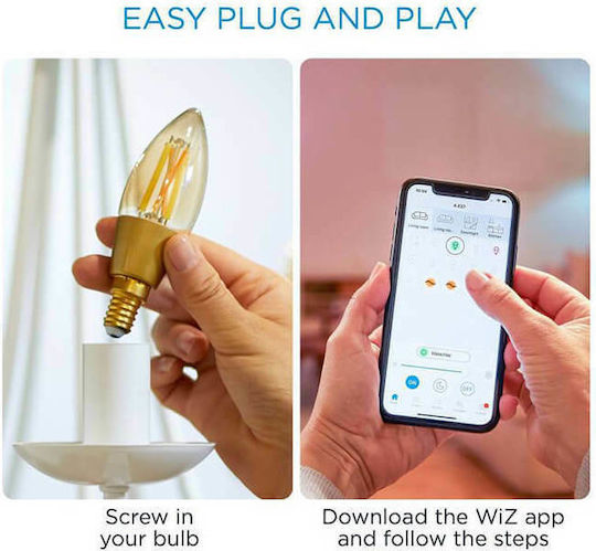 WiZ Smart Λάμπα LED 4.9W για Ντουί E14 και Σχήμα C35 Ρυθμιζόμενο Λευκό 370lm Dimmable