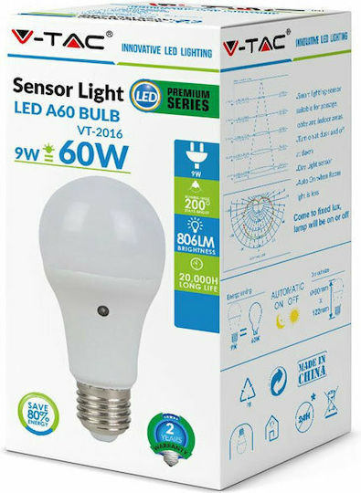 V-TAC VT-2016 LED Bulb 9W 112mm for Socket E27 and Shape A60 Warm White 806lm with Photocell