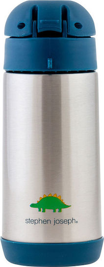 Stephen Joseph Kids Water Bottle Thermos Dinosaur Stainless Steel with Straw Non Spill Blue 350ml
