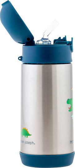Stephen Joseph Kids Water Bottle Thermos Dinosaur Stainless Steel with Straw Non Spill Blue 350ml