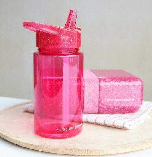 A Little Lovely Company Glitter Pink Kinderflasche Kunststoff mit Strohhalm Rosa 450ml