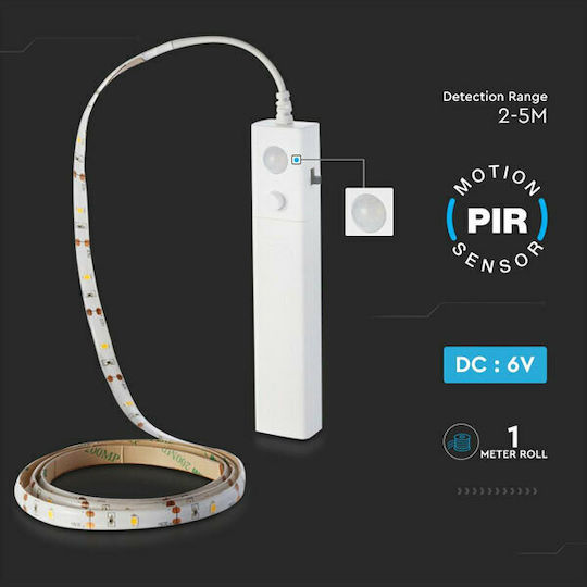 V-TAC Waterproof LED Strip Battery Warm White Light 1m Type SMD2835 with Motion Sensor & Power Supply