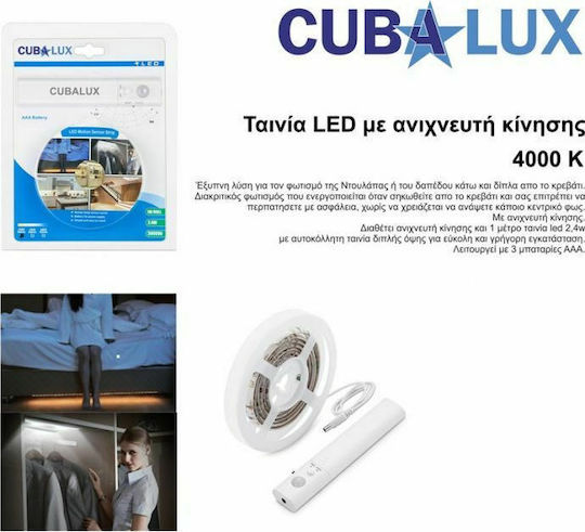 Cubalux Ταινία LED Μπαταρίας Φυσικό Λευκό Φως 1m Τύπου SMD2835 με Αισθητήρα Κίνησης & Τροφοδοτικό