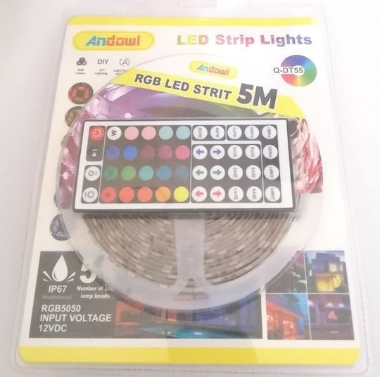 Andowl Αδιάβροχη Ταινία LED 12V RGB Φως 5m Τύπου SMD5050 με Τροφοδοτικό & Τηλεχειριστήριο