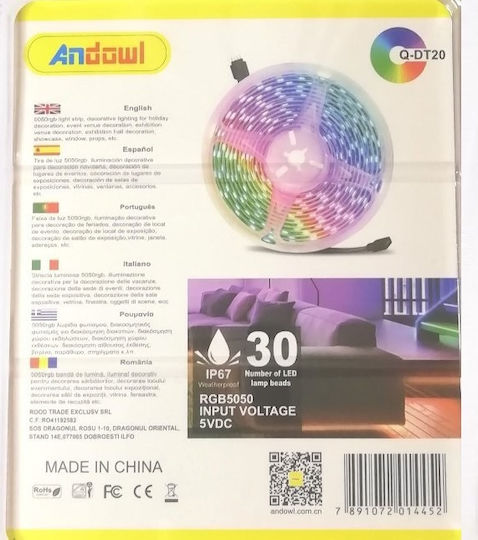 Andowl Αδιάβροχη Ταινία LED USB 5V RGB Φως 2m Τύπου SMD5050 με Τροφοδοτικό & Τηλεχειριστήριο