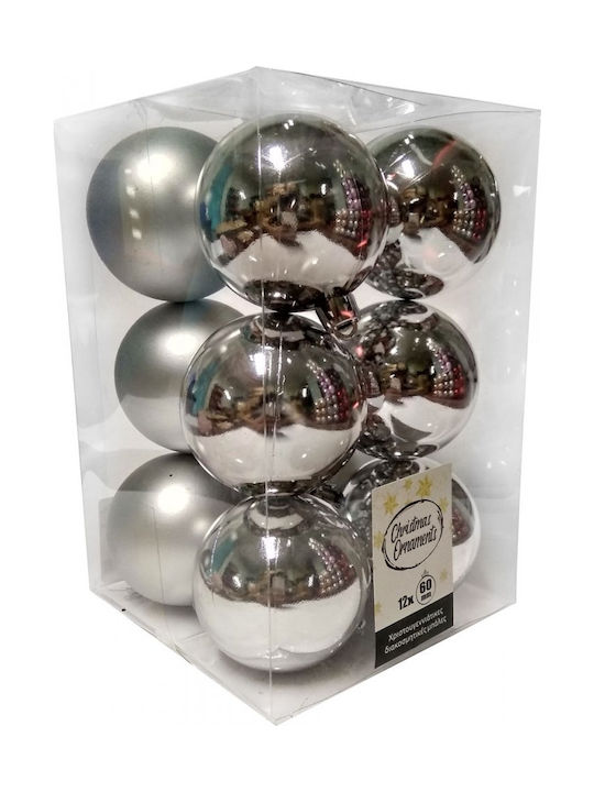 Hanging Ball Ornament Plastic Silver Set 12pcs