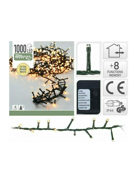 1000 Weihnachtslichter LED Warmes Weiß Elektrisch vom Typ Zeichenfolge mit Grünes Kabel und Programmen JK Home Decoration