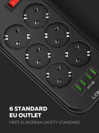 Ldnio SE6403 Power Strip with Surge Protection 6 Positions with 4 USB-A, Switch and Cable 2m