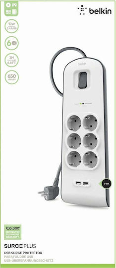 Belkin Πολύπριζο Aσφαλείας 6 Θέσεων με 2 USB-A, Διακόπτη και Καλώδιο 2m