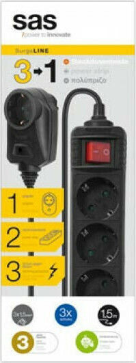 SAS Power Strip with Surge Protection 3 Positions with Switch and Cable 1.5m