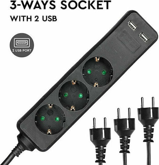 V-TAC Bandă de alimentare Securitate 3 Prize cu 2 USB-A și Cablu 1.5m