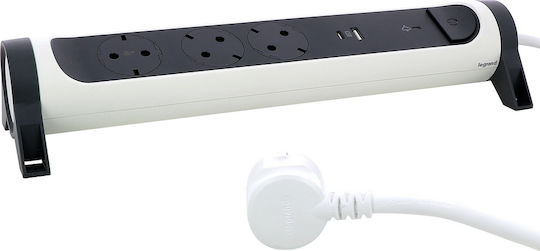 Legrand Surgearrest Захранваща Лента Защита 3 Гнезда с 2 USB-A Превключвател и Кабел 1.5m Сива