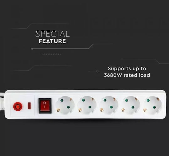 V-TAC Power Strip with Surge Protection 5 Positions with Switch and Cable 1.4m