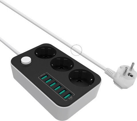 ColorWay Bandă de alimentare Securitate 3 Prize cu 6 USB-A, Comutator și Cablu 1.8m